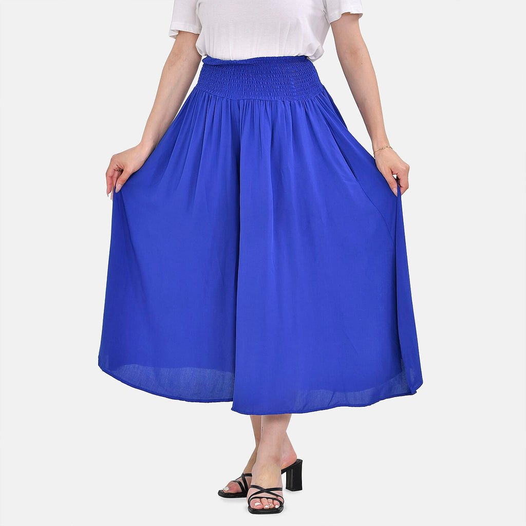 TAMSY 100% Viscose Smocked Waist Culotte (One Size Curve) - Blue