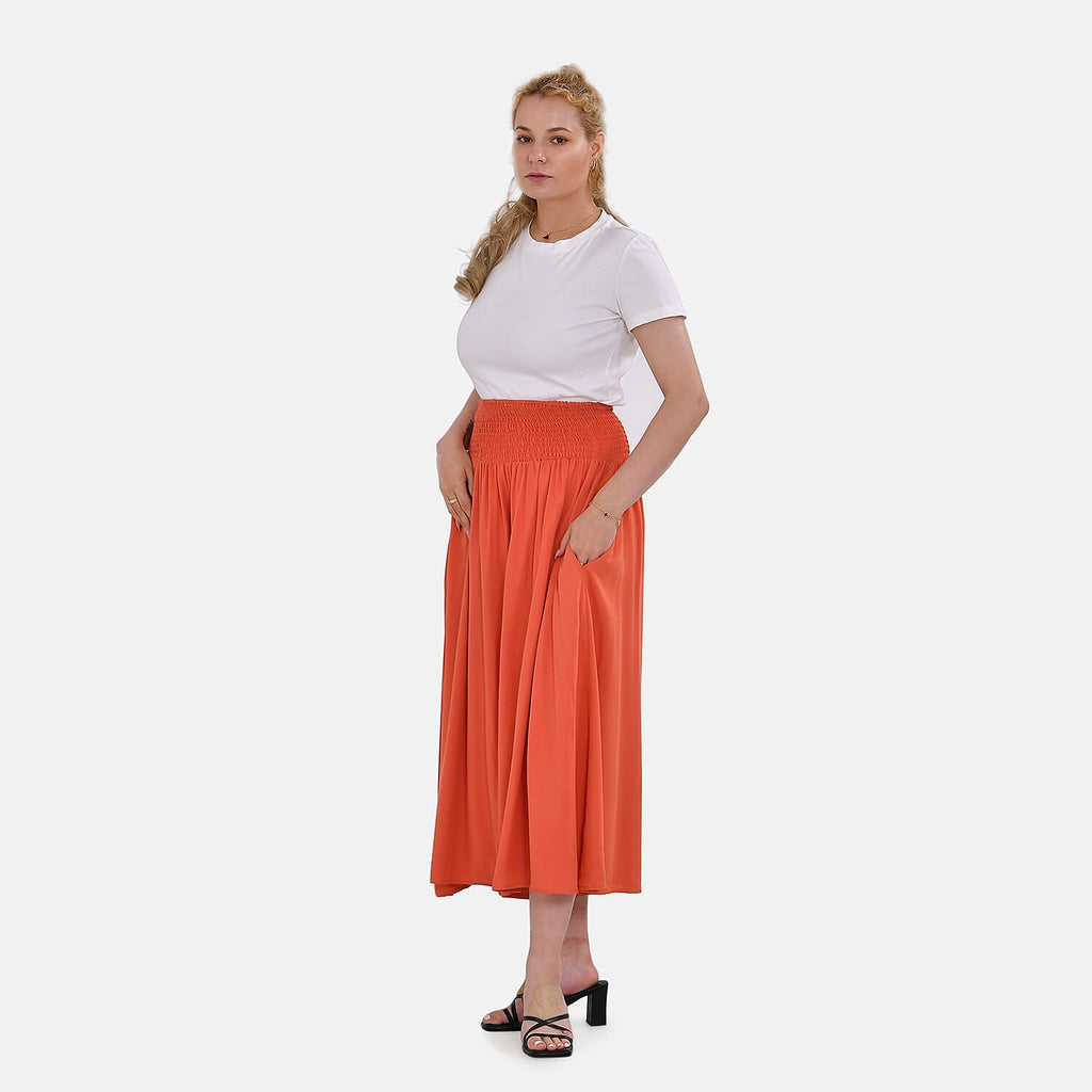 Tamsy 100% Viscose Smocked Waist Culottes (Curve Size) - Orange