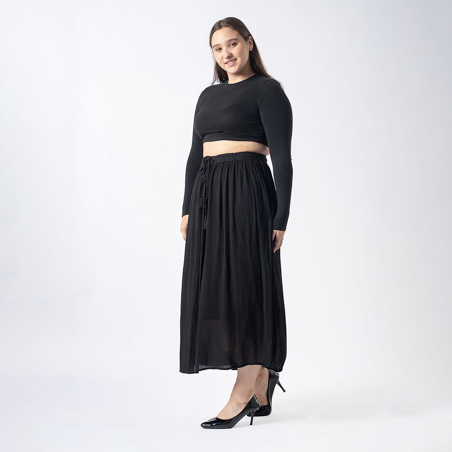 Tamsy Viscose Solid Skirt (Size M, 12-14) - Black