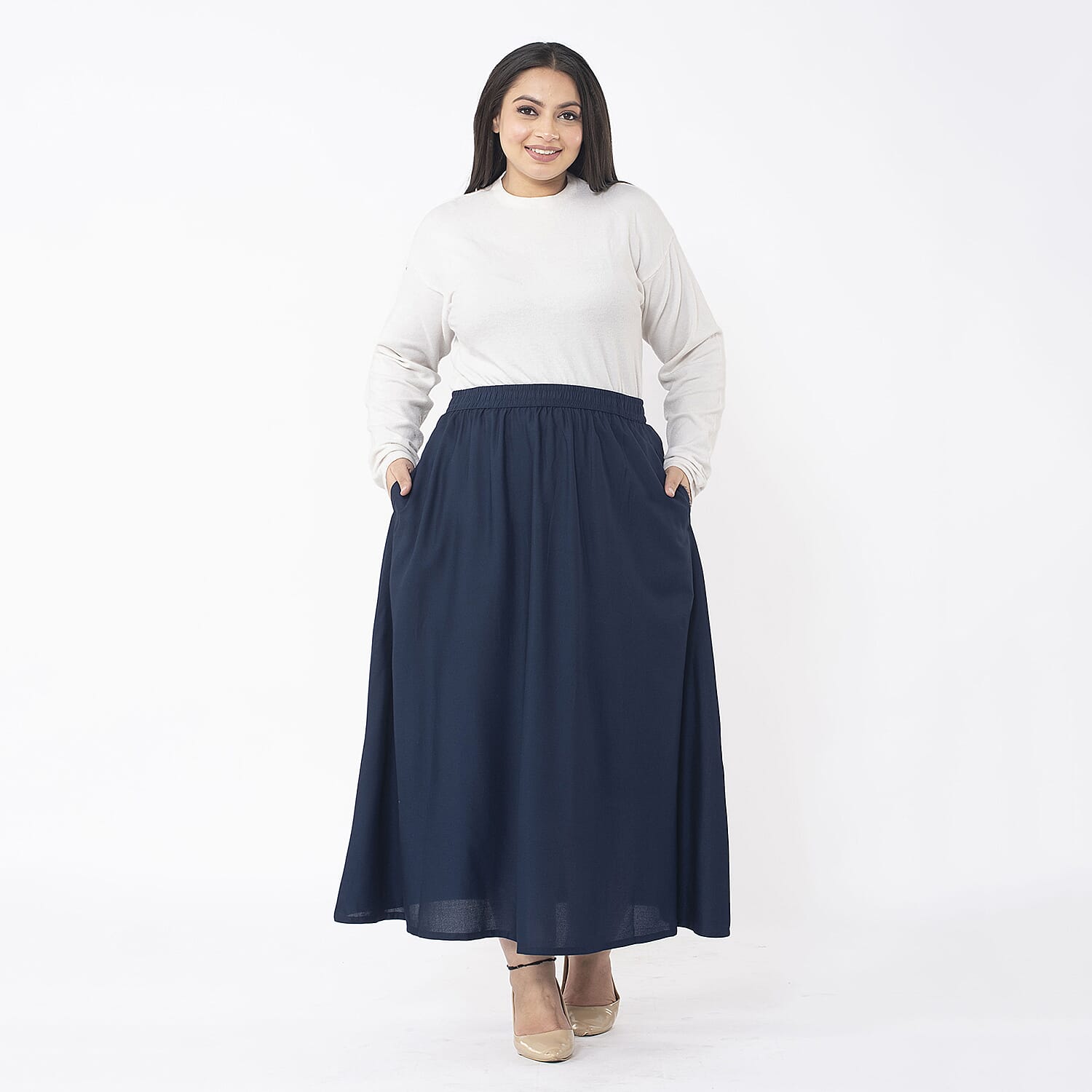 TAMSY 100% Viscose Skirt With Elastic on Waist (Size XL) - Navy