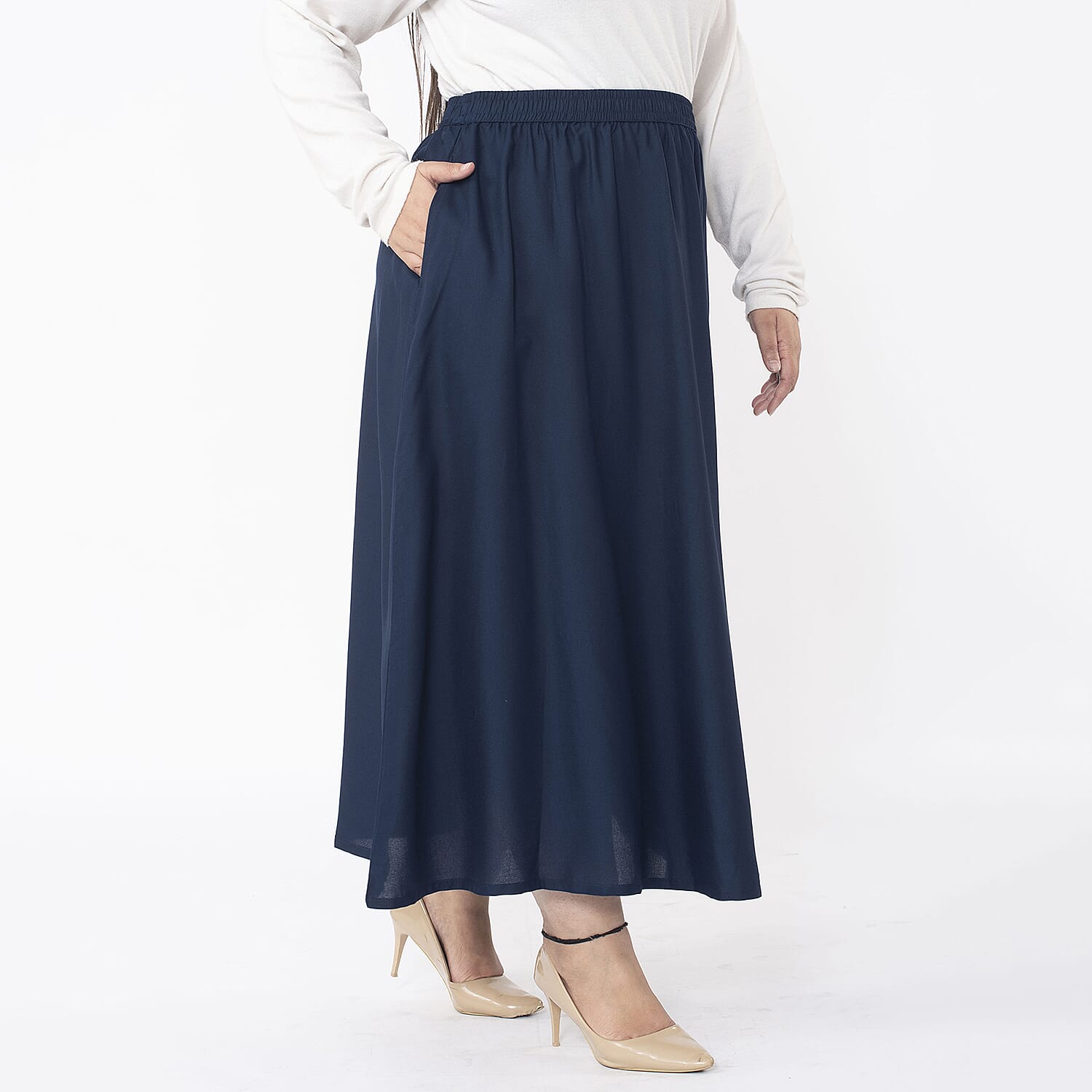 TAMSY 100% Viscose Skirt With Elastic on Waist (Size XL) - Navy