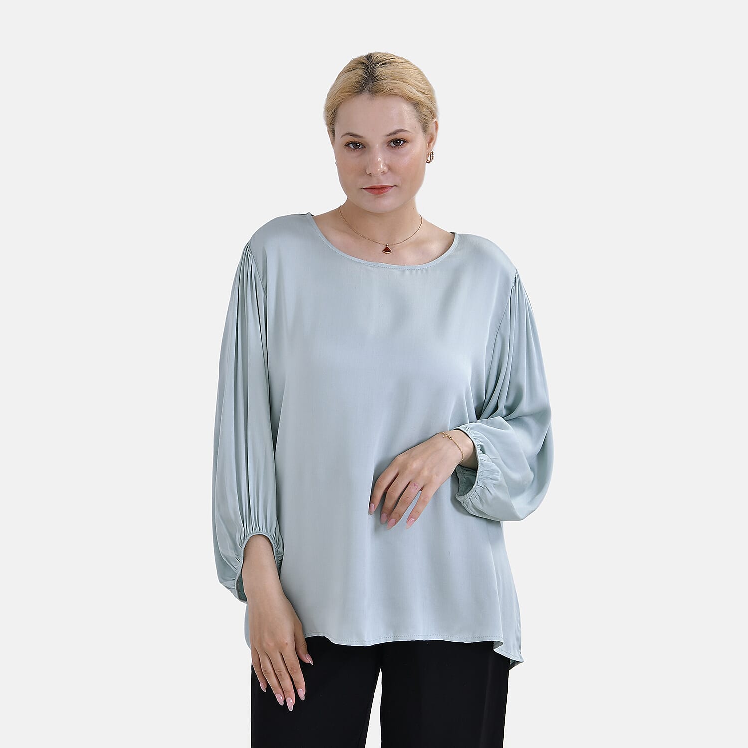 TAMSY 100% Viscose Round Neck Top (Size M) - Light Green