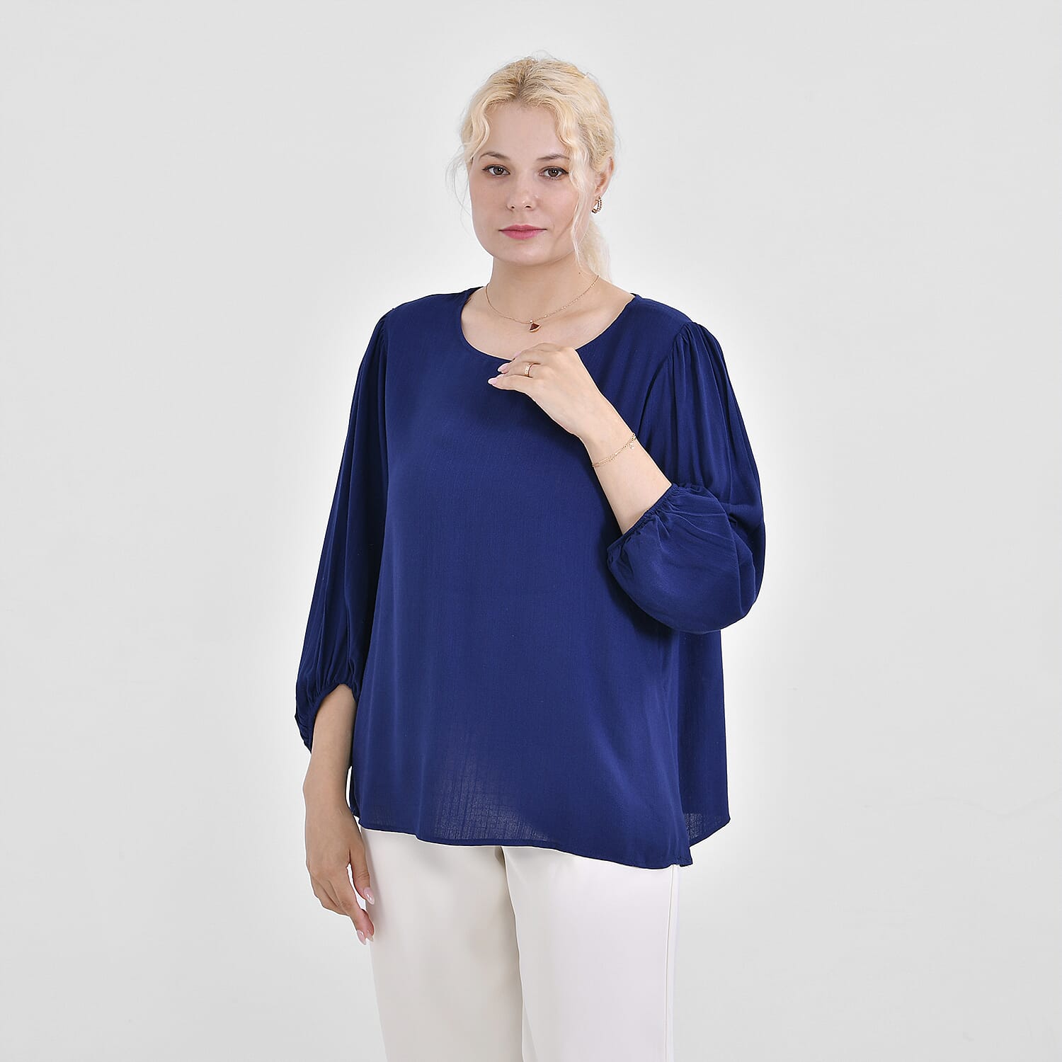 TAMSY 100% Viscose Round Neck Top (Size XXL) - Navy Blue