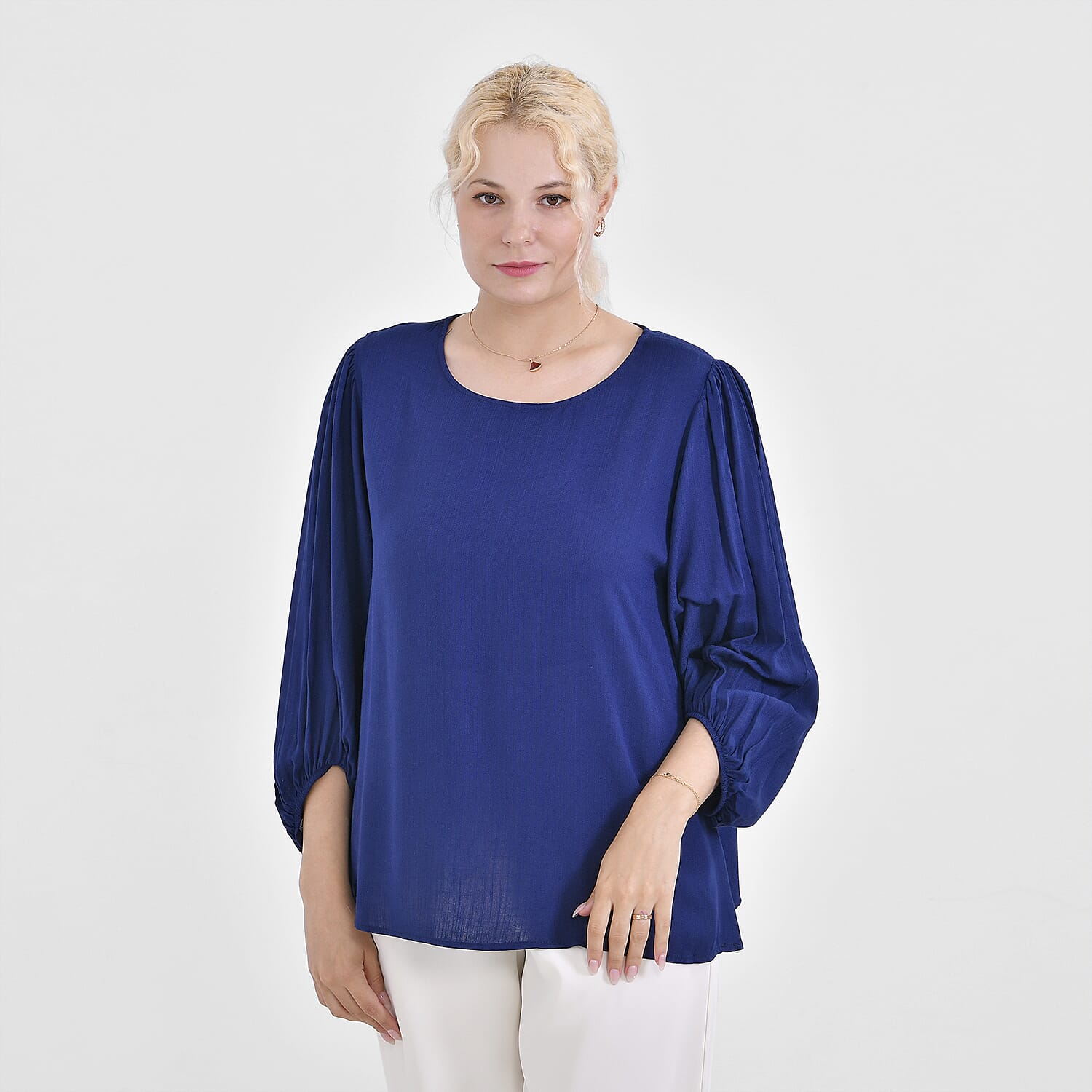TAMSY 100% Viscose Round Neck Top (Size XXL) - Navy Blue