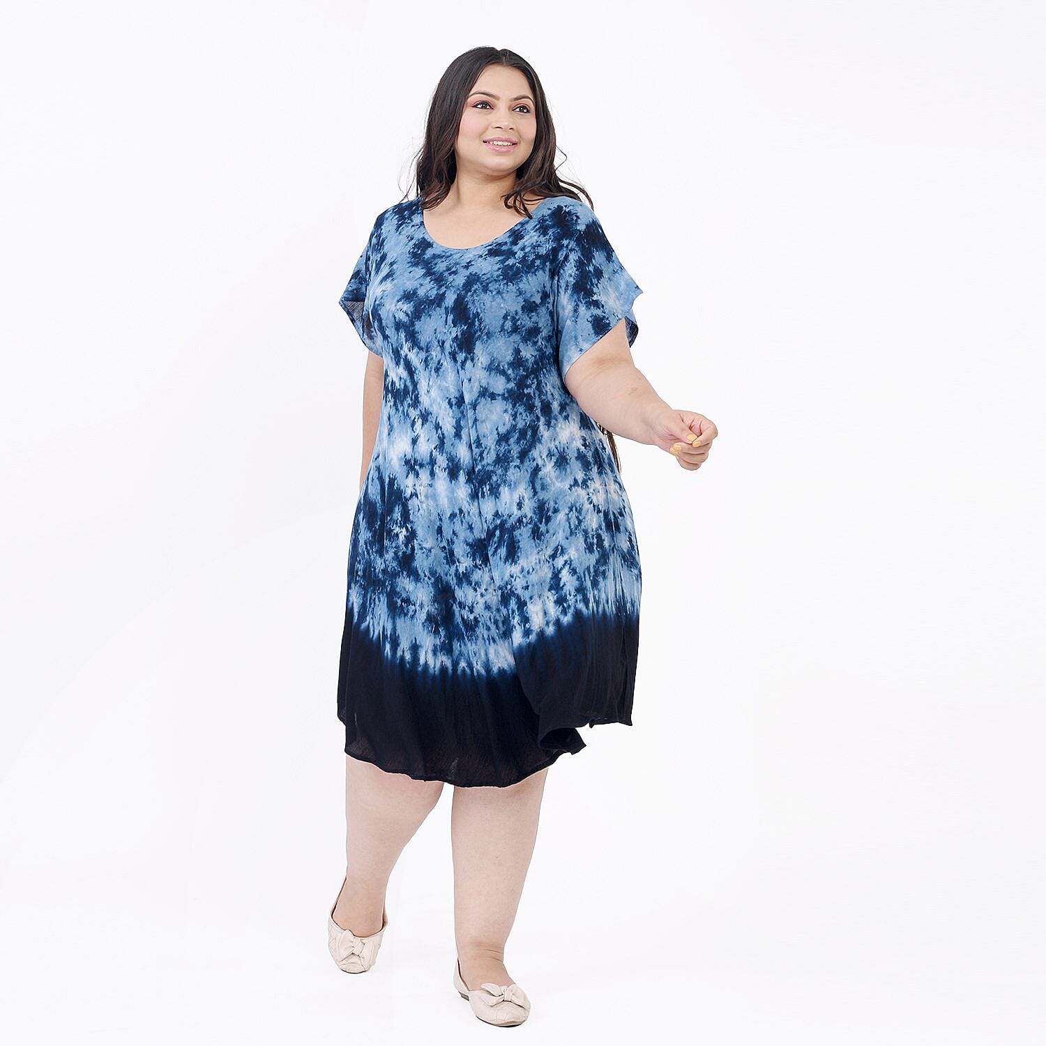 Tamsy 100% Viscose Tie-Dye Umbrella Dress with Sleeves (One Size 8-18) - Blue