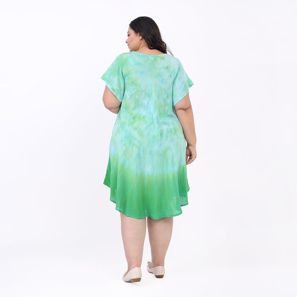 Tamsy 100% Viscose Tie-Dye Umbrella Dress with Sleeves (One Size 8-18 ) - Green