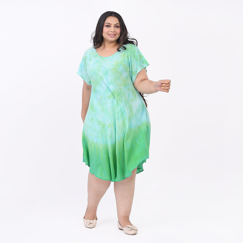 Tamsy 100% Viscose Tie-Dye Umbrella Dress with Sleeves (One Size 8-18 ) - Green