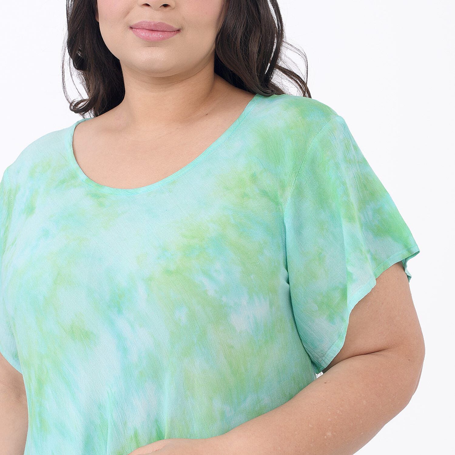 Tamsy 100% Viscose Tie-Dye Umbrella Dress with Sleeves (One Size 8-18 ) - Green