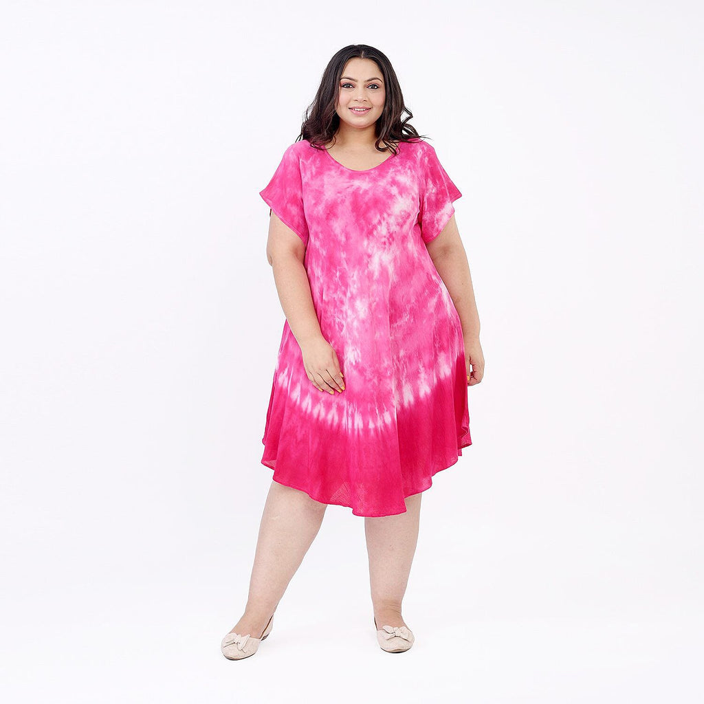 Monster Deal -Tamsy 100% Viscose Tie-Dye Umbrella Dress with Sleeves (One Size 8-18) - Pink