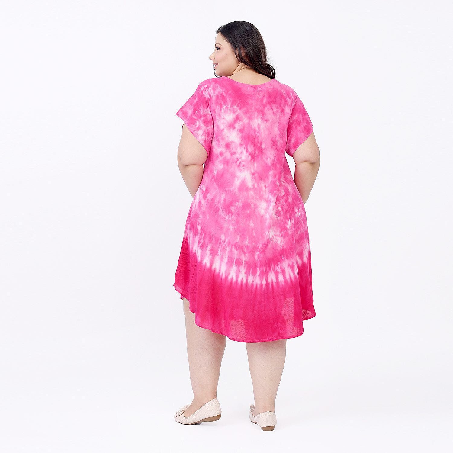 Monster Deal -Tamsy 100% Viscose Tie-Dye Umbrella Dress with Sleeves (One Size 8-18) - Pink