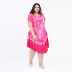 Monster Deal -Tamsy 100% Viscose Tie-Dye Umbrella Dress with Sleeves (One Size 8-18) - Pink