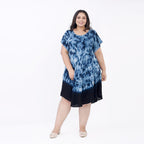 Tamsy 100% Viscose Tie-Dye Umbrella Dress with Sleeves (One Size Curve) - Blue