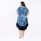 Tamsy 100% Viscose Tie-Dye Umbrella Dress with Sleeves (One Size Curve) - Blue