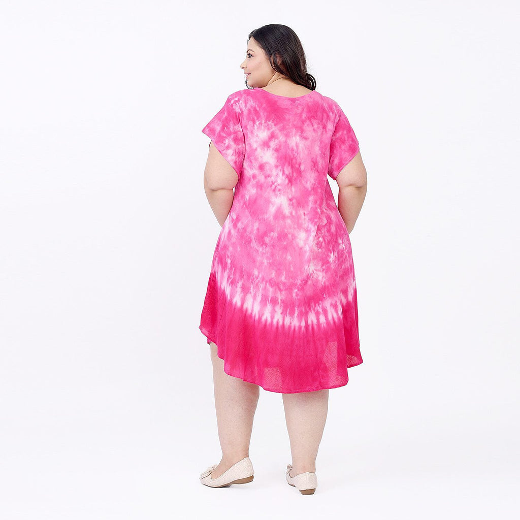 Tamsy 100% Viscose Tie-Dye Umbrella Dress with Sleeves (One Size) - Pink