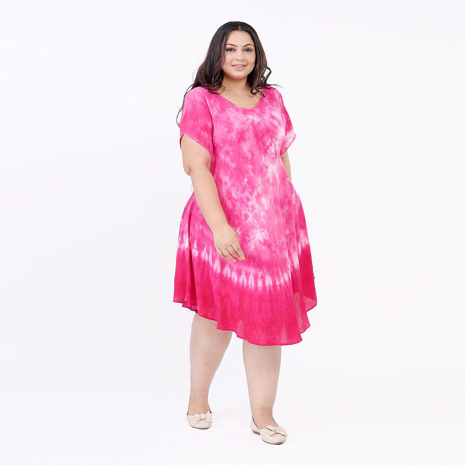 Tamsy 100% Viscose Tie-Dye Umbrella Dress with Sleeves (One Size) - Pink