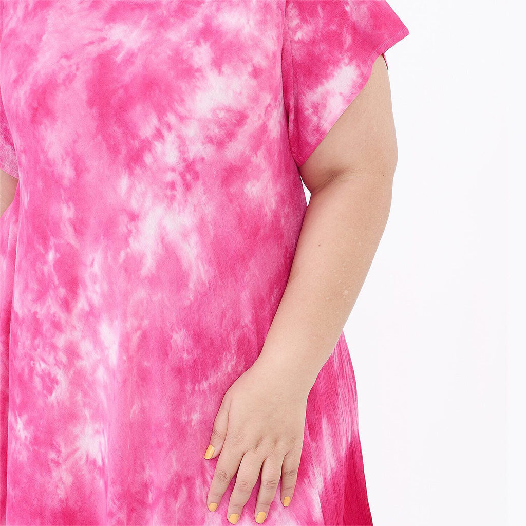 Tamsy 100% Viscose Tie-Dye Umbrella Dress with Sleeves (One Size) - Pink