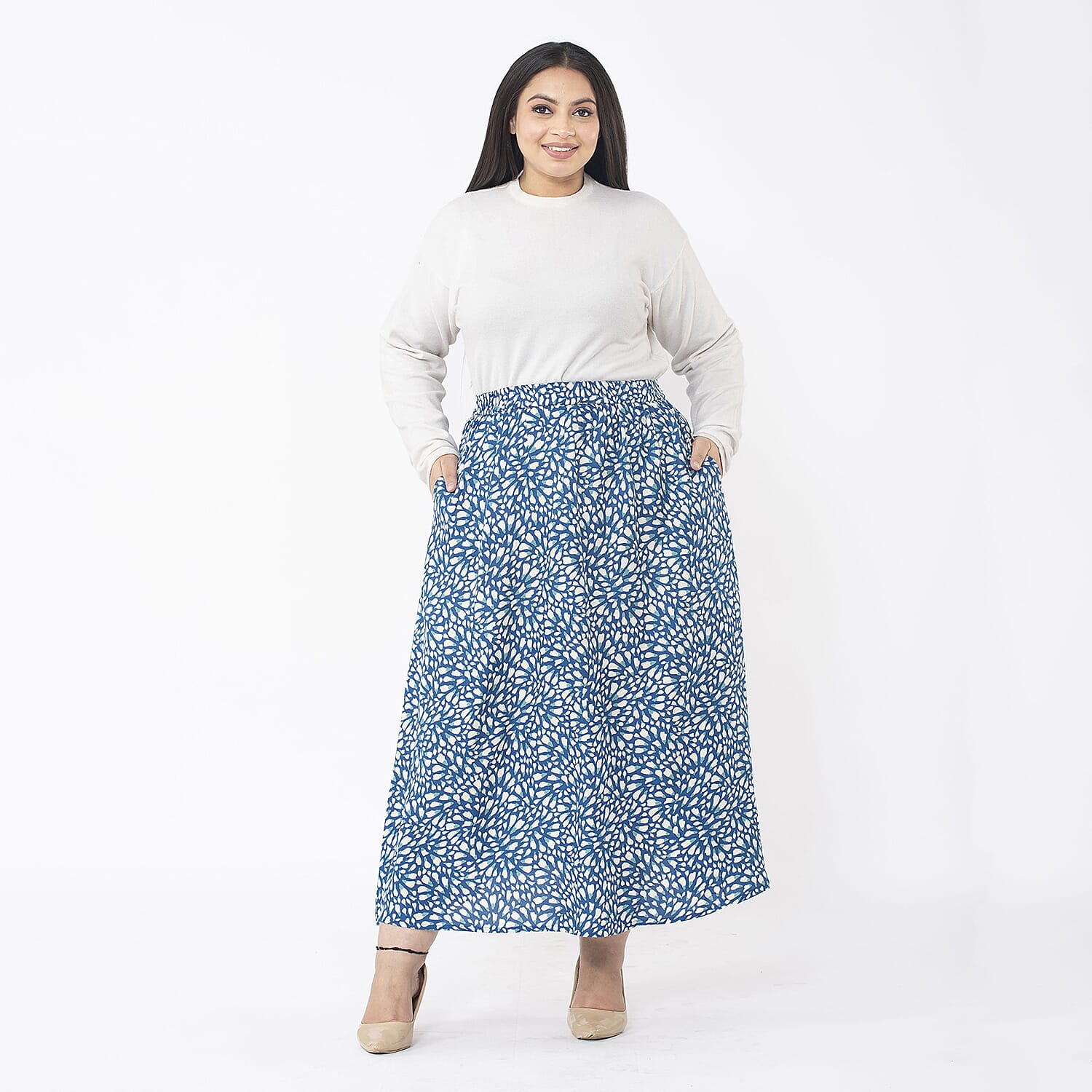 TAMSY 100% Viscose Zebra Printed Skirt With Elastic on Waist (Size L) - Beige - Black