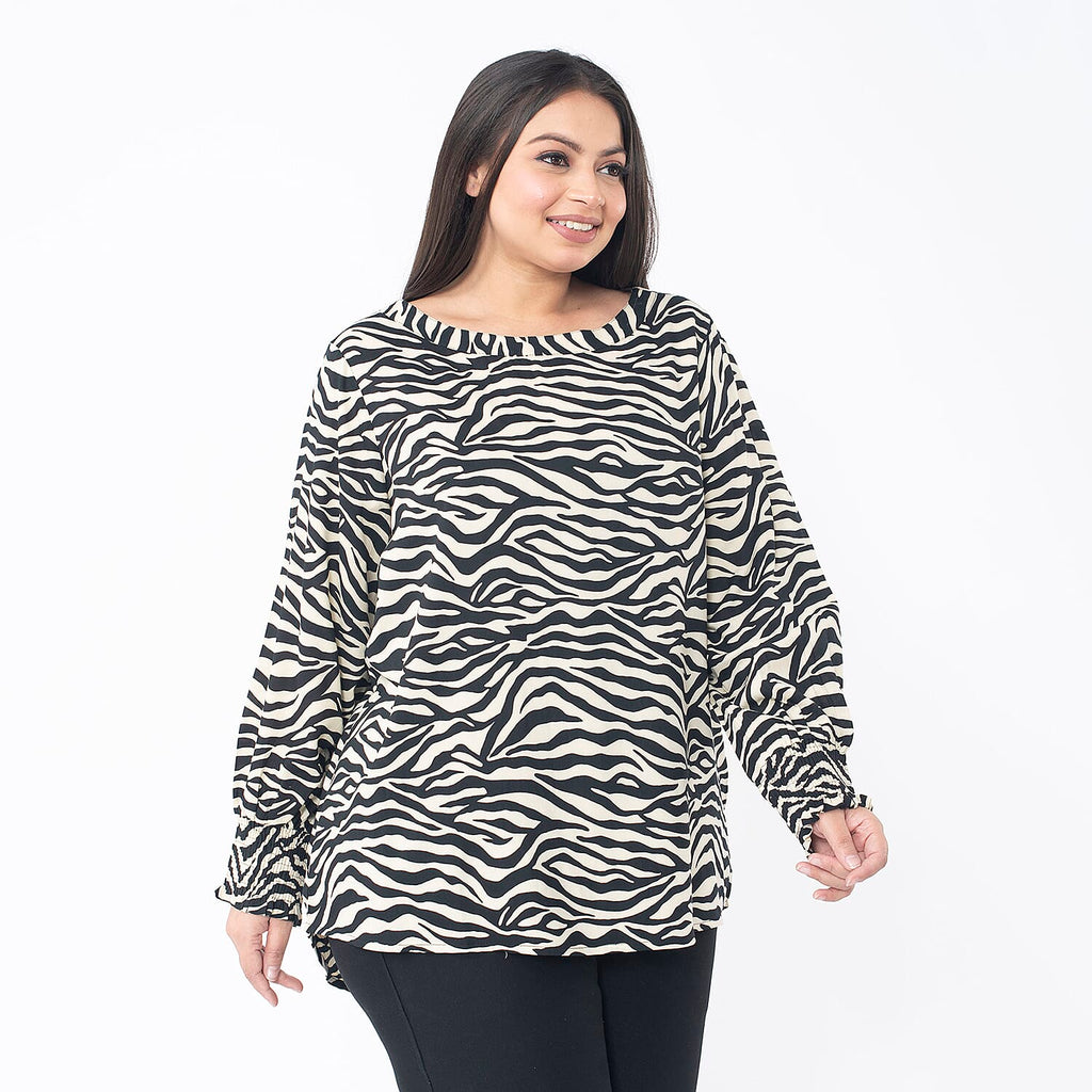 Tamsy 100% Viscose Zebra Print Top (Size M 12-14) - Beige & Black