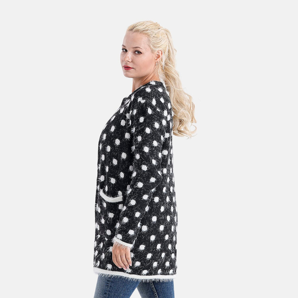 Tamsy Womens Polka Dot Winter Coatigan with Pockets (One Size, Fits 8-20) - Black & White