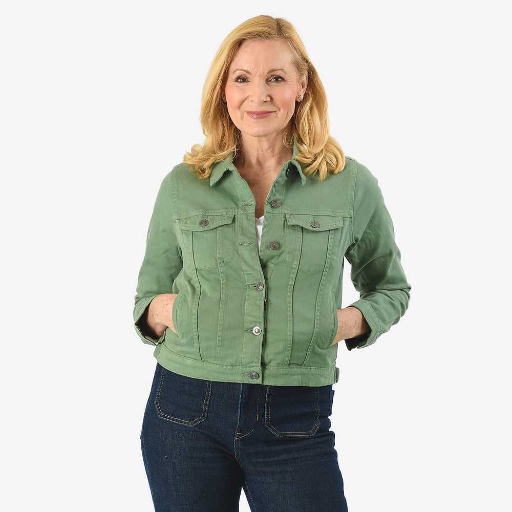 Tamsy Women Strech Twill Trucker Jacket (Size 18) - Green