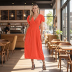 Tamsy Womens Flutter Sleeve V-Neck Smocked Midi Dress (One Size) - Red