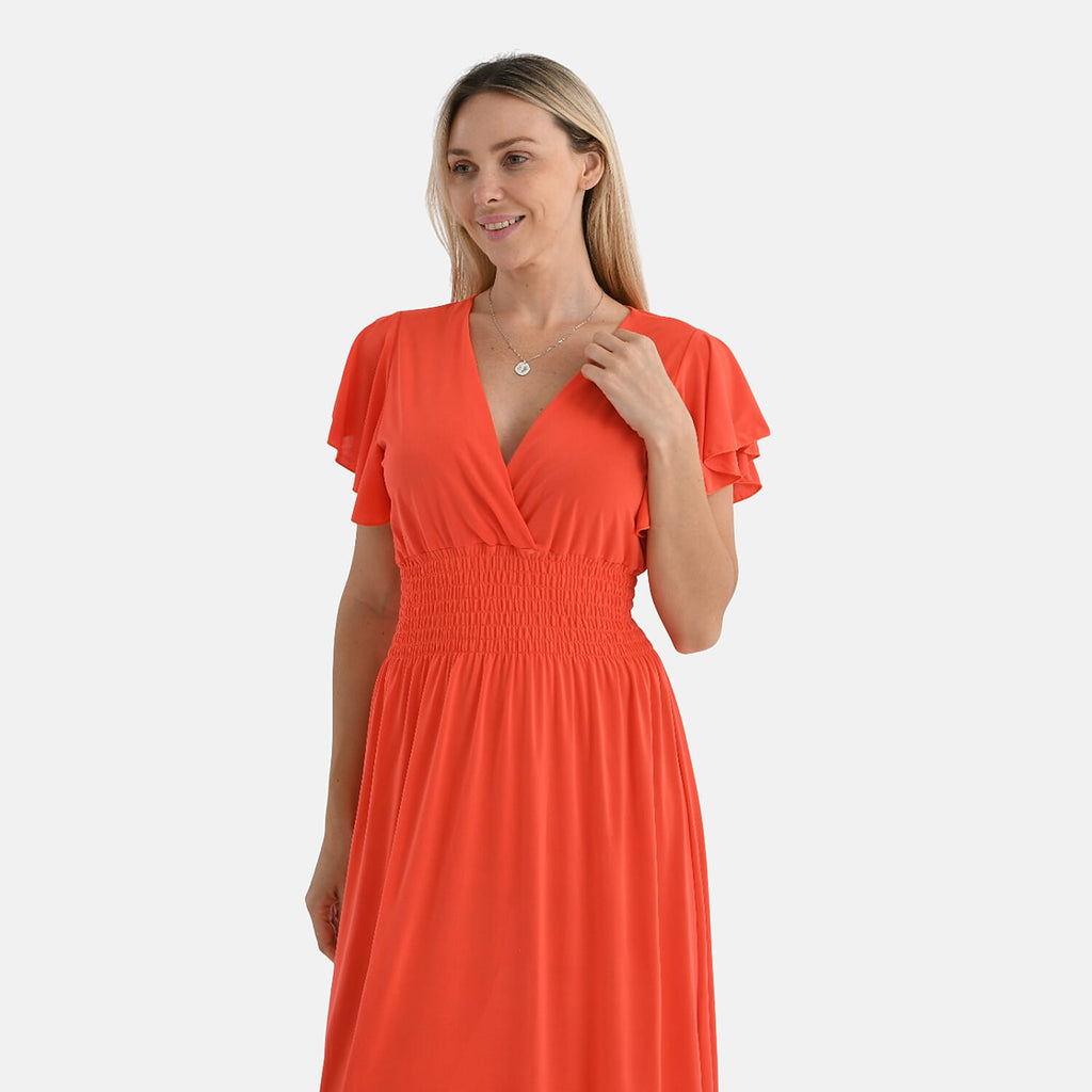 Tamsy Womens Flutter Sleeve V-Neck Smocked Midi Dress (One Size) - Red