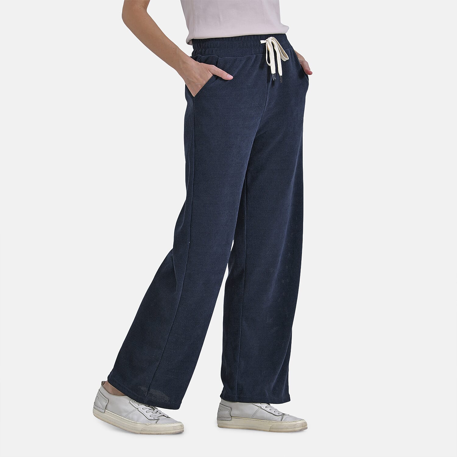 Tamsy Women's Relaxed Fit Corduroy Straight Leg Pants (Size L) - Midnight Navy