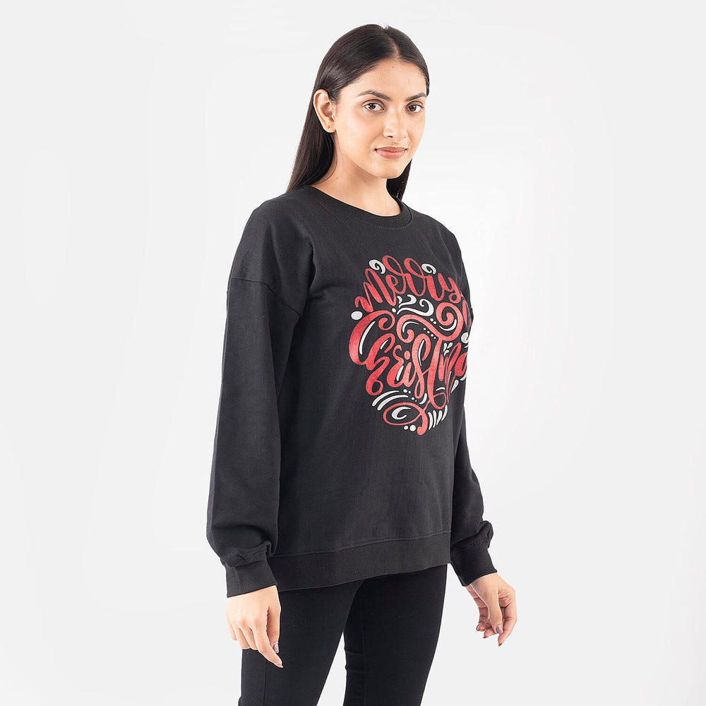 TAMSY Merry Christmas Printed Cotton Sweatshirt (Size S 8-10) - Black