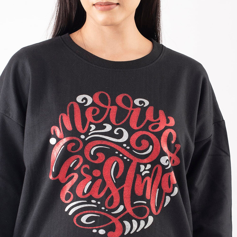 TAMSY Merry Christmas Printed Cotton Sweatshirt (Size S 8-10) - Black