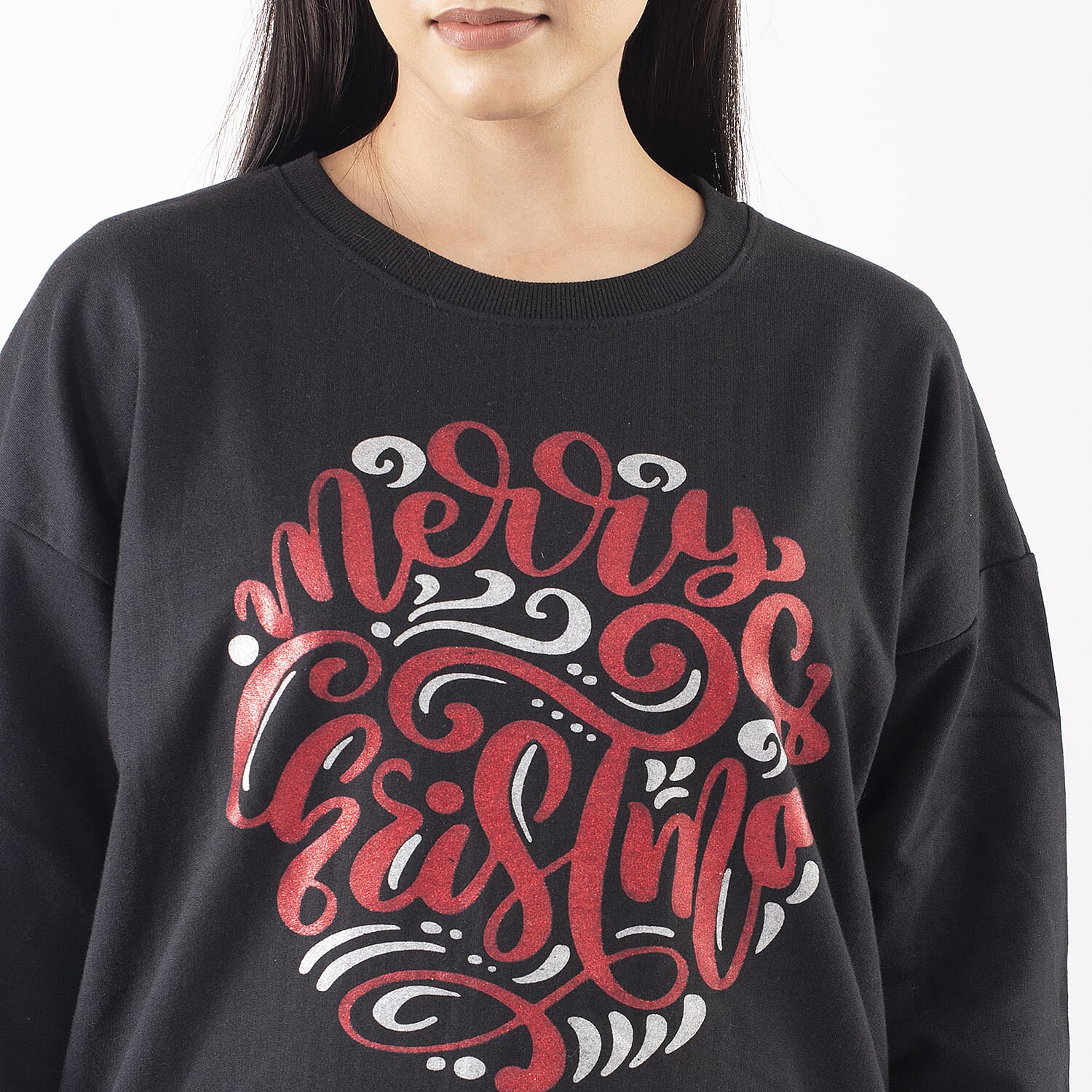 TAMSY Merry Christmas Printed Cotton Sweatshirt (Size S 8-10) - Black