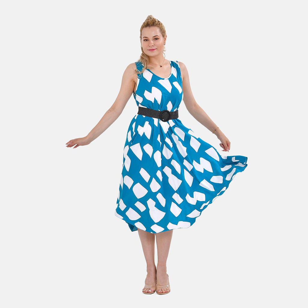 Tamsy 100% Viscose Square Printed Umbrella Dress with Elasticated Belt (One Size- 8 to 18) - Blue, White With Black Belt