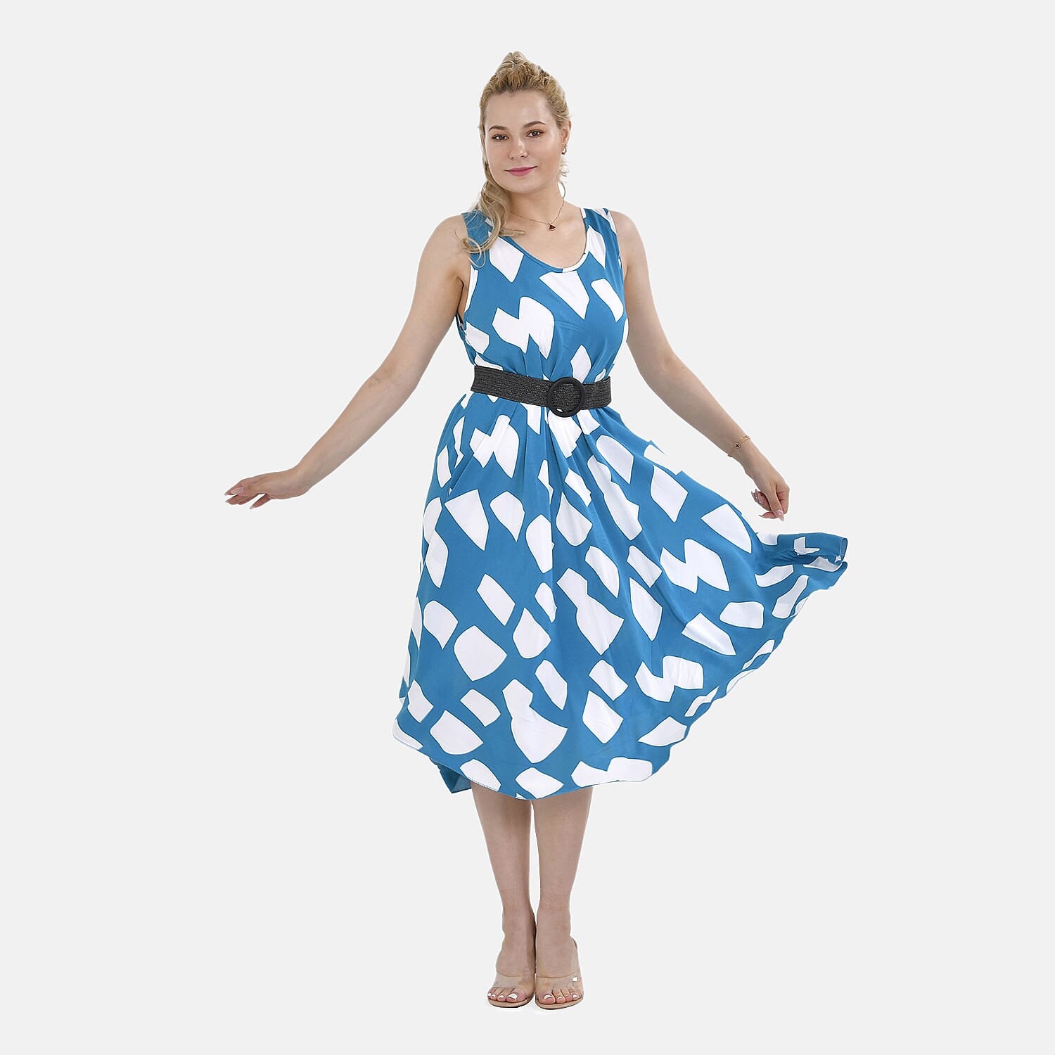 Tamsy 100% Viscose Square Printed Umbrella Dress with Elasticated Belt (One Size- 8 to 18) - Blue, White With Black Belt