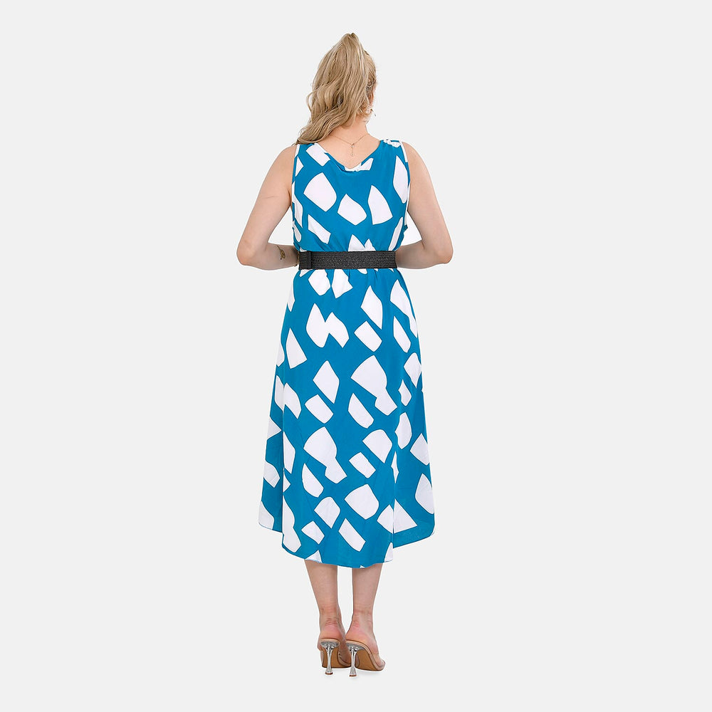 Tamsy 100% Viscose Square Printed Umbrella Dress with Elasticated Belt (One Size- 8 to 18) - Blue, White With Black Belt