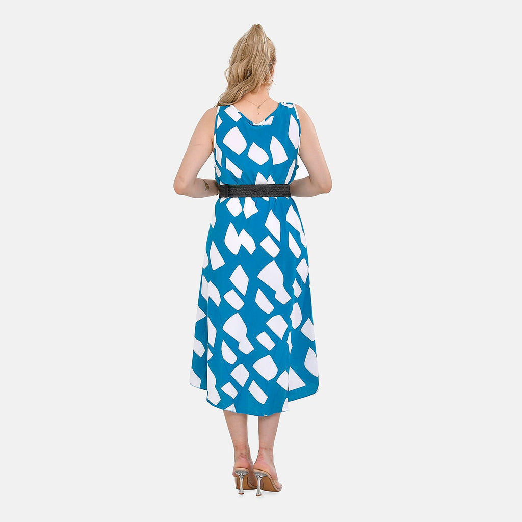 Tamsy 100% Viscose Square Printed Umbrella Dress with Elasticated Belt (One Size- 8 to 18) - Blue, White With Black Belt
