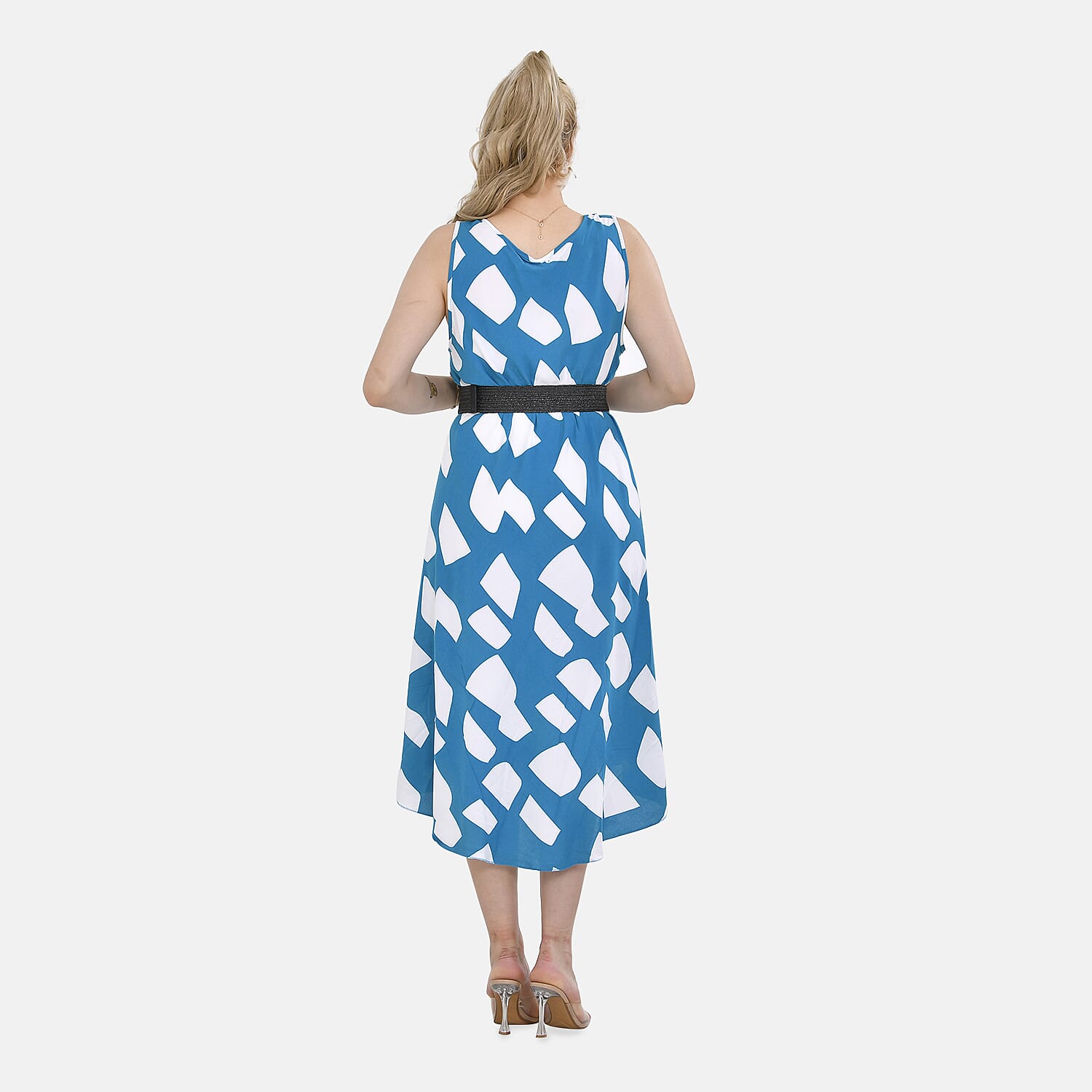 Tamsy 100% Viscose Square Printed Umbrella Dress with Elasticated Belt (One Size- 8 to 18) - Blue, White With Black Belt