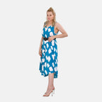 Tamsy 100% Viscose Square Printed Umbrella Dress with Elasticated Belt (One Size- 8 to 18) - Blue, White With Black Belt