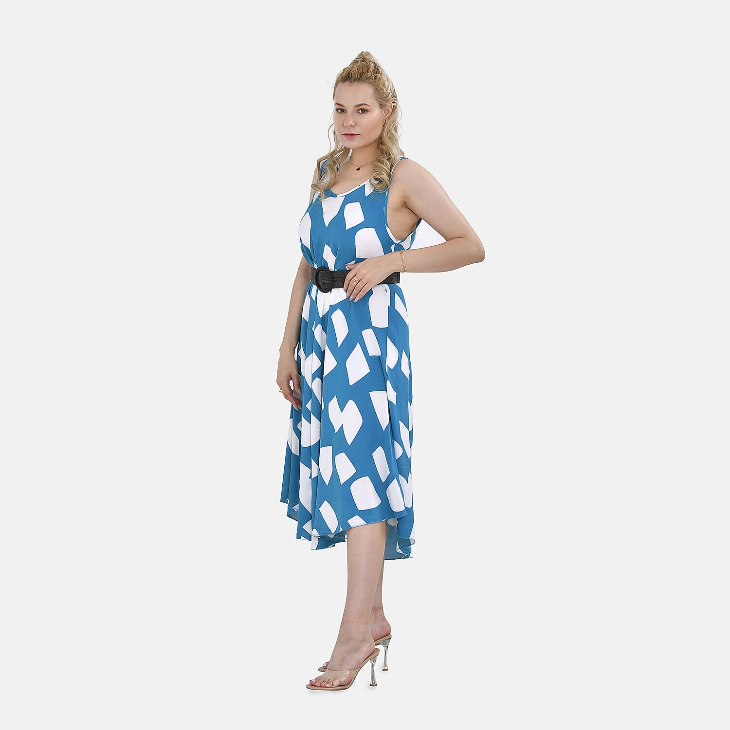 Tamsy 100% Viscose Square Printed Umbrella Dress with Elasticated Belt (One Size- 8 to 18) - Blue, White With Black Belt