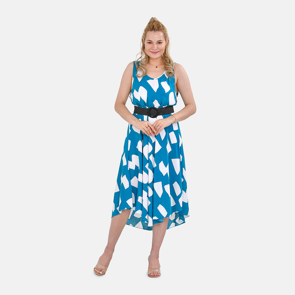 Tamsy 100% Viscose Square Printed Umbrella Dress with Elasticated Belt (One Size- 8 to 18) - Blue, White With Black Belt