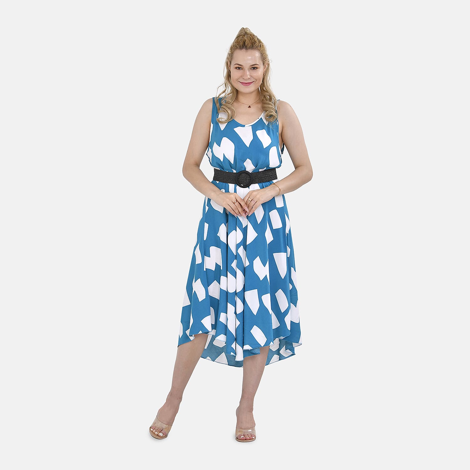Tamsy 100% Viscose Square Printed Umbrella Dress with Elasticated Belt (One Size- 8 to 18) - Blue, White With Black Belt