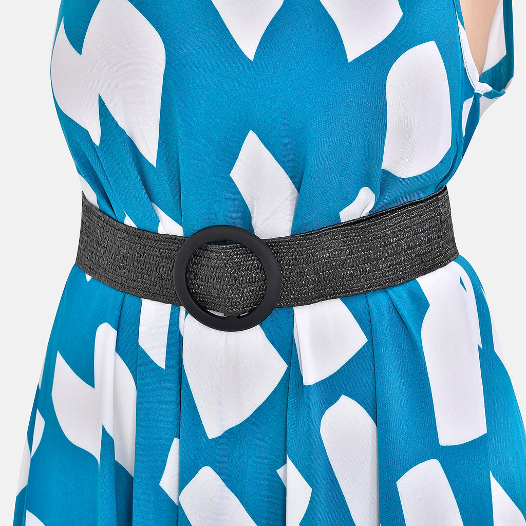 Tamsy 100% Viscose Square Printed Umbrella Dress with Elasticated Belt (One Size- 8 to 18) - Blue, White With Black Belt