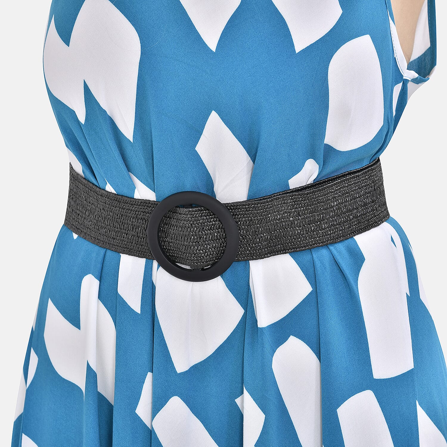 Tamsy 100% Viscose Square Printed Umbrella Dress with Elasticated Belt (One Size- 8 to 18) - Blue, White With Black Belt