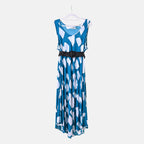 Tamsy 100% Viscose Square Printed Umbrella Dress with Elasticated Belt (One Size- 8 to 18) - Blue, White With Black Belt