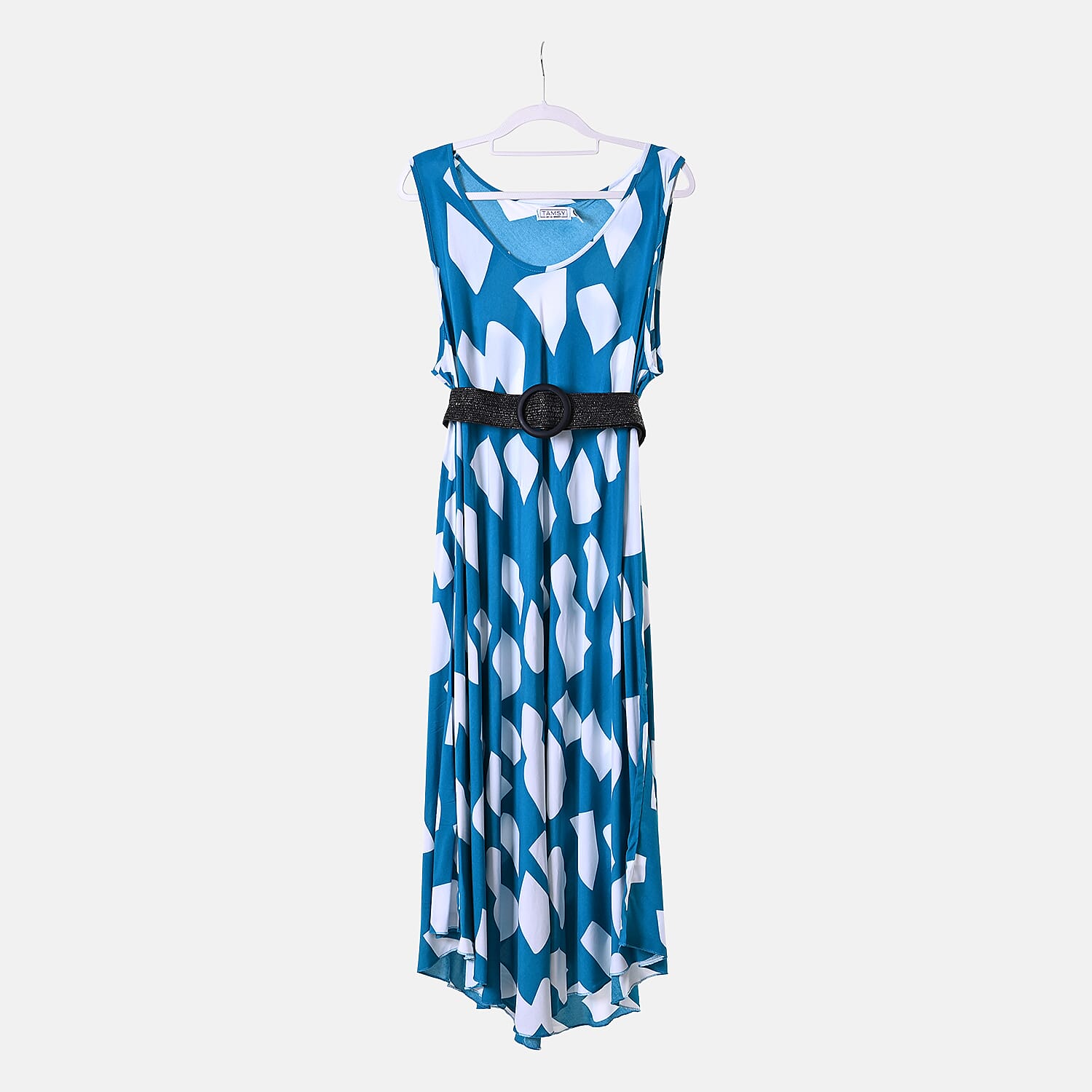 Tamsy 100% Viscose Square Printed Umbrella Dress with Elasticated Belt (One Size- 8 to 18) - Blue, White With Black Belt