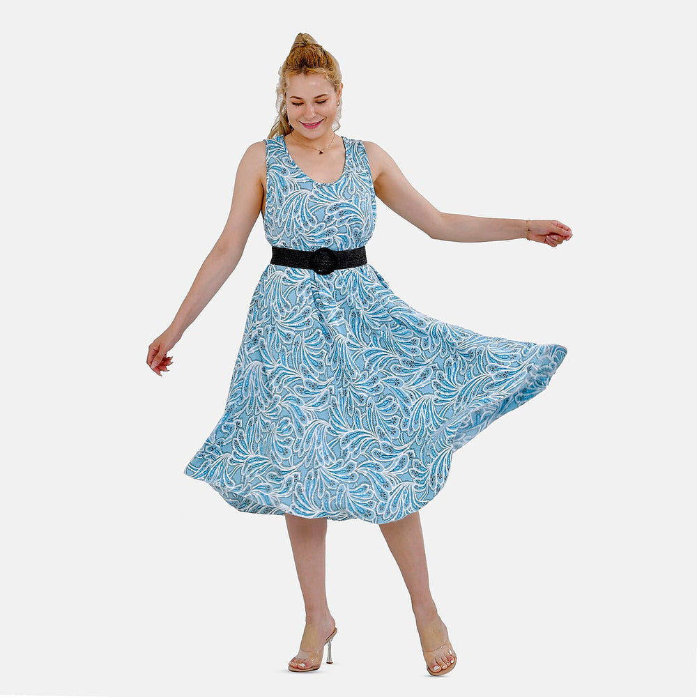 Tamsy 100% Viscose Floral Printed Umbrella Dress with Elasticated Belt (One Size - 8 to 18) - Green, White With Black Belt