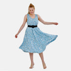 Tamsy 100% Viscose Floral Printed Umbrella Dress with Elasticated Belt (One Size - 8 to 18) - Green, White With Black Belt