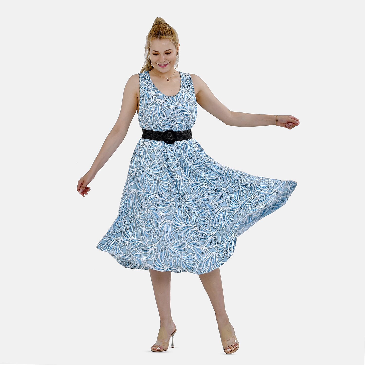 Tamsy 100% Viscose Floral Printed Umbrella Dress with Elasticated Belt (One Size - 8 to 18) - Green, White With Black Belt