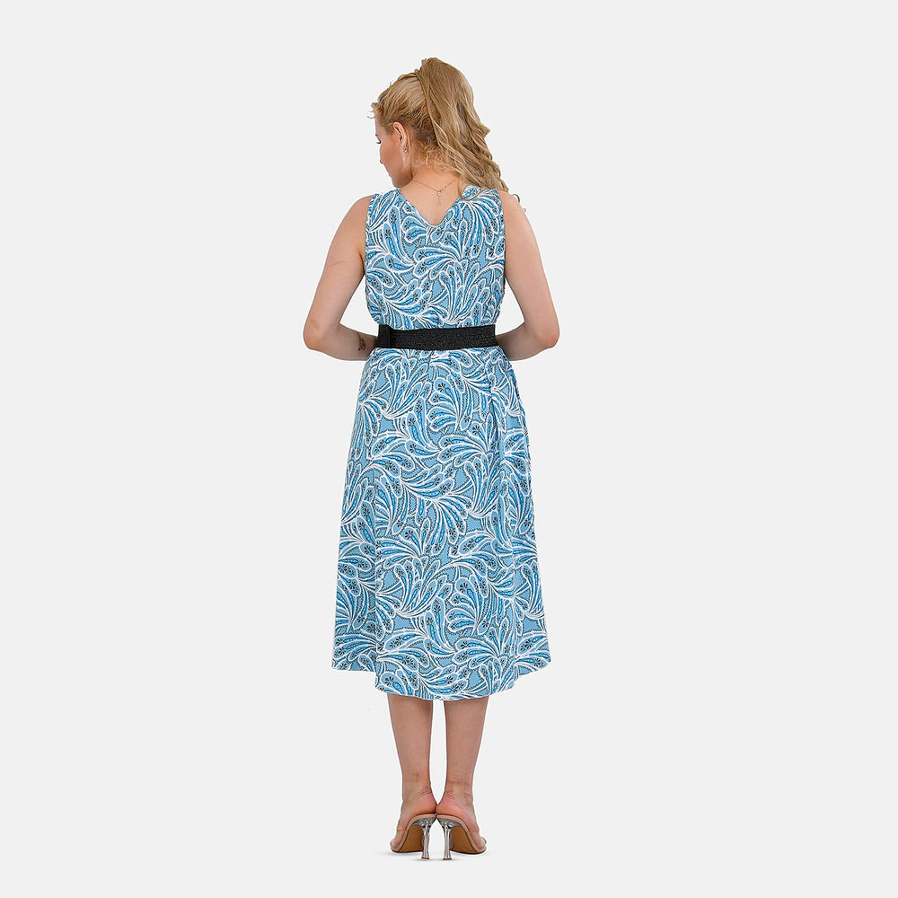 Tamsy 100% Viscose Floral Printed Umbrella Dress with Elasticated Belt (One Size - 8 to 18) - Green, White With Black Belt