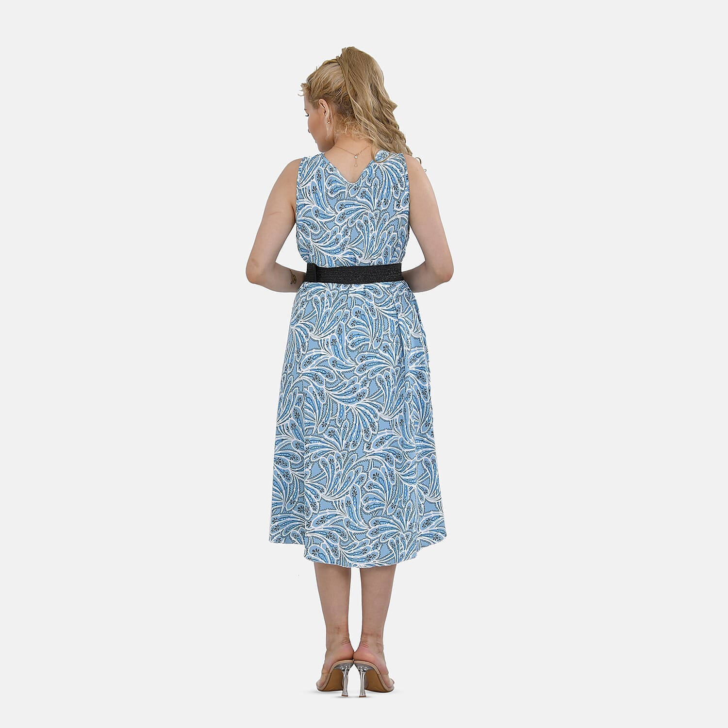 Tamsy 100% Viscose Floral Printed Umbrella Dress with Elasticated Belt (One Size - 8 to 18) - Green, White With Black Belt