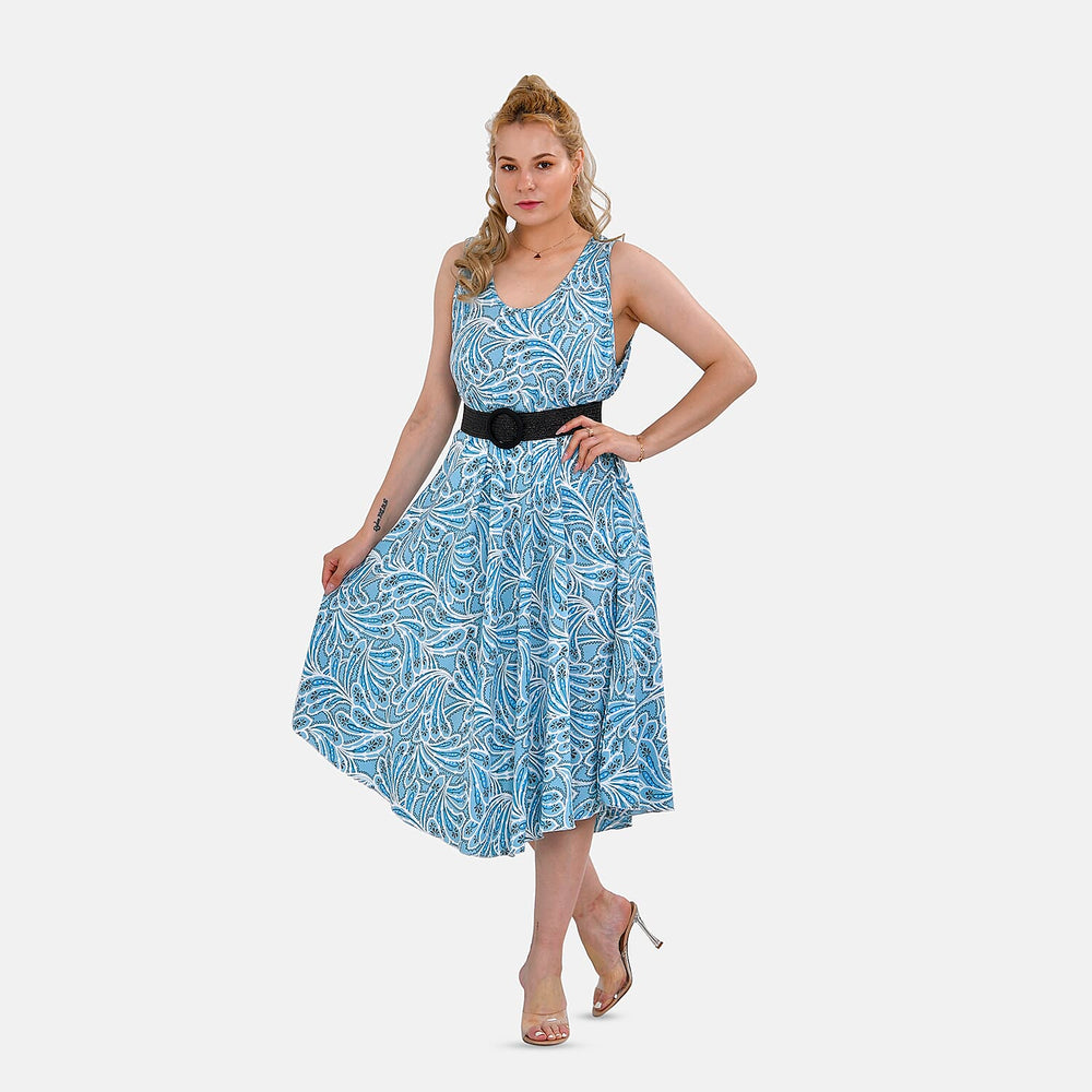 Tamsy 100% Viscose Floral Printed Umbrella Dress with Elasticated Belt (One Size - 8 to 18) - Green, White With Black Belt