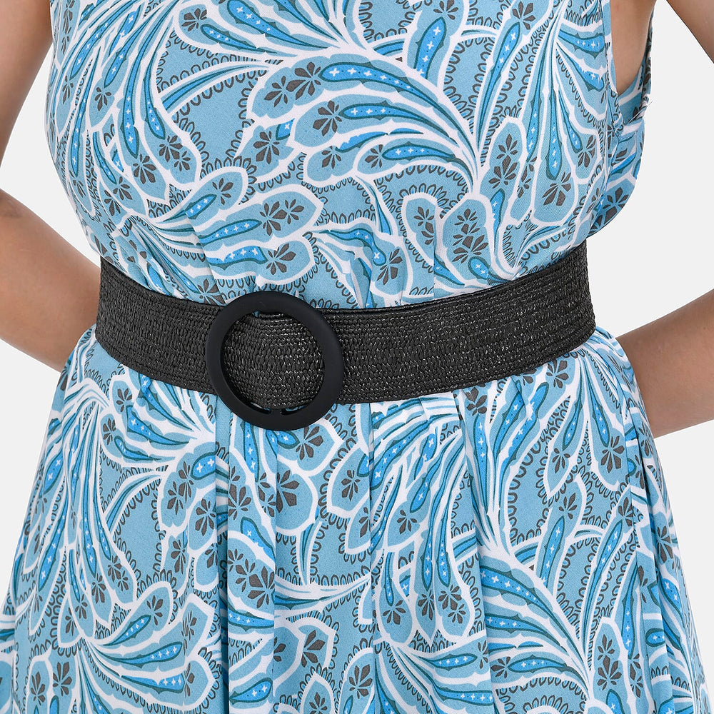 Tamsy 100% Viscose Floral Printed Umbrella Dress with Elasticated Belt (One Size - 8 to 18) - Green, White With Black Belt